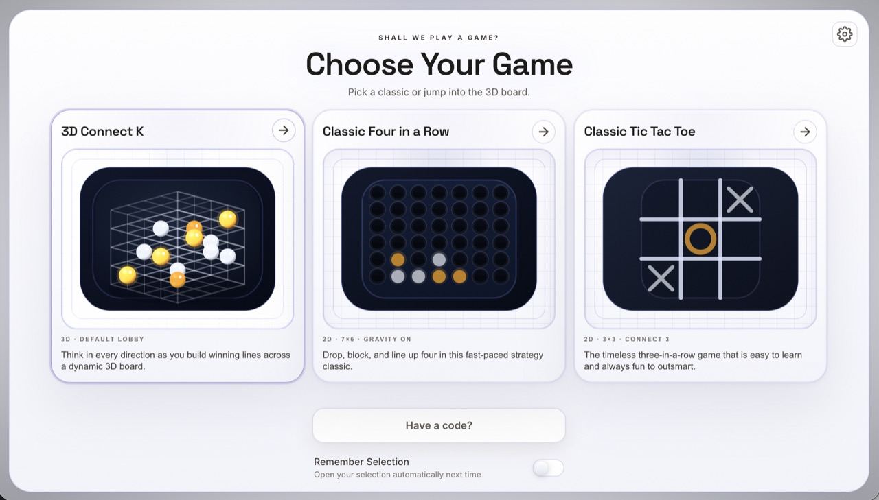 3D Connect-K game selection screen showing 3D Connect K, Classic Four in a Row, and Classic Tic Tac Toe.