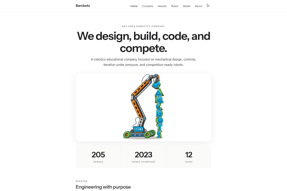 Current Barcbots.com homepage showing the updated hero, robot artwork, and three key stats.