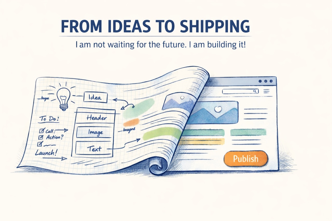 Building a Digital Home: Portfolio Website illustration showing a website concept moving from sketches to a published page.