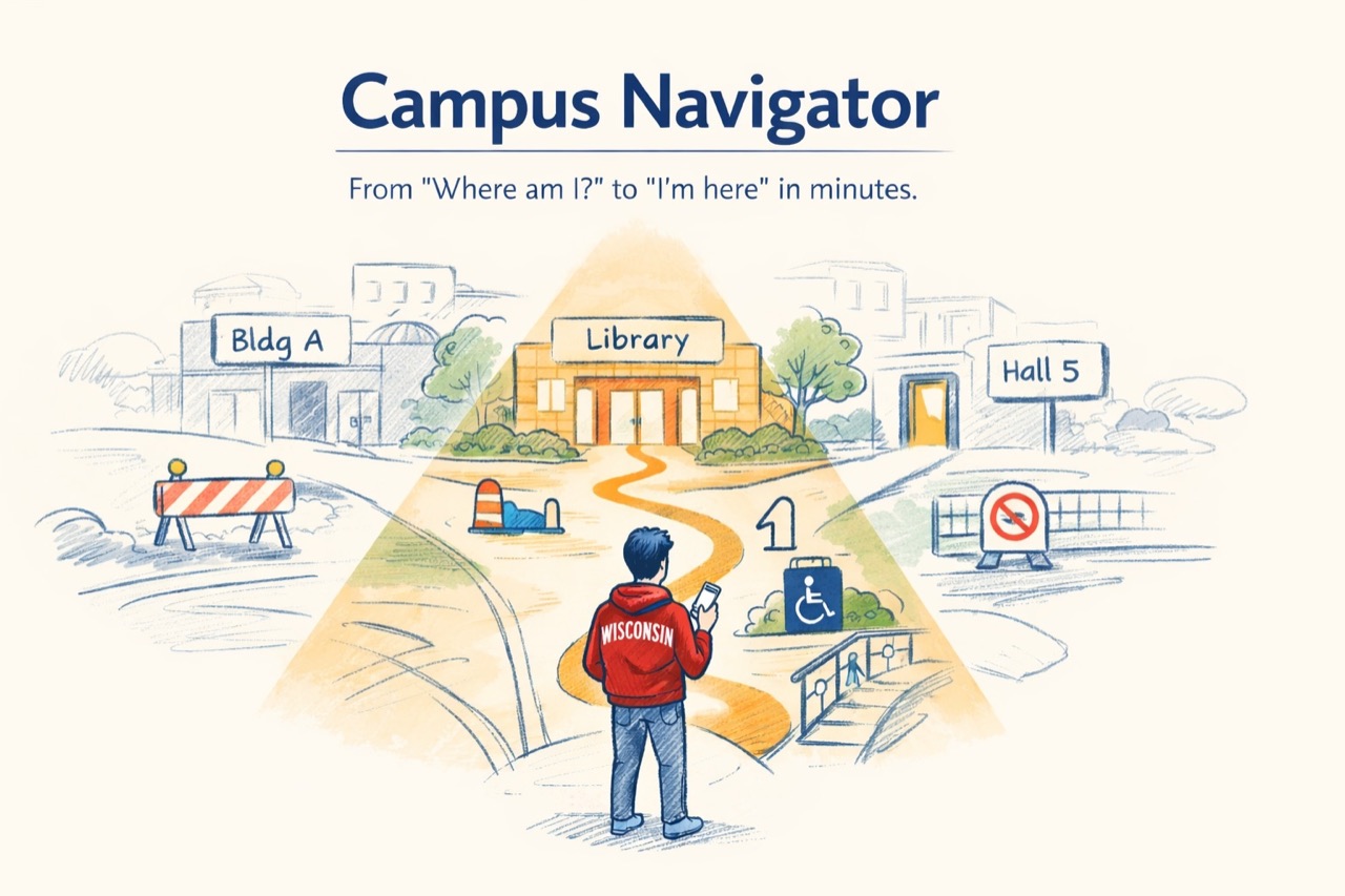 Campus routing illustration showing a student guided along the fastest path to class.