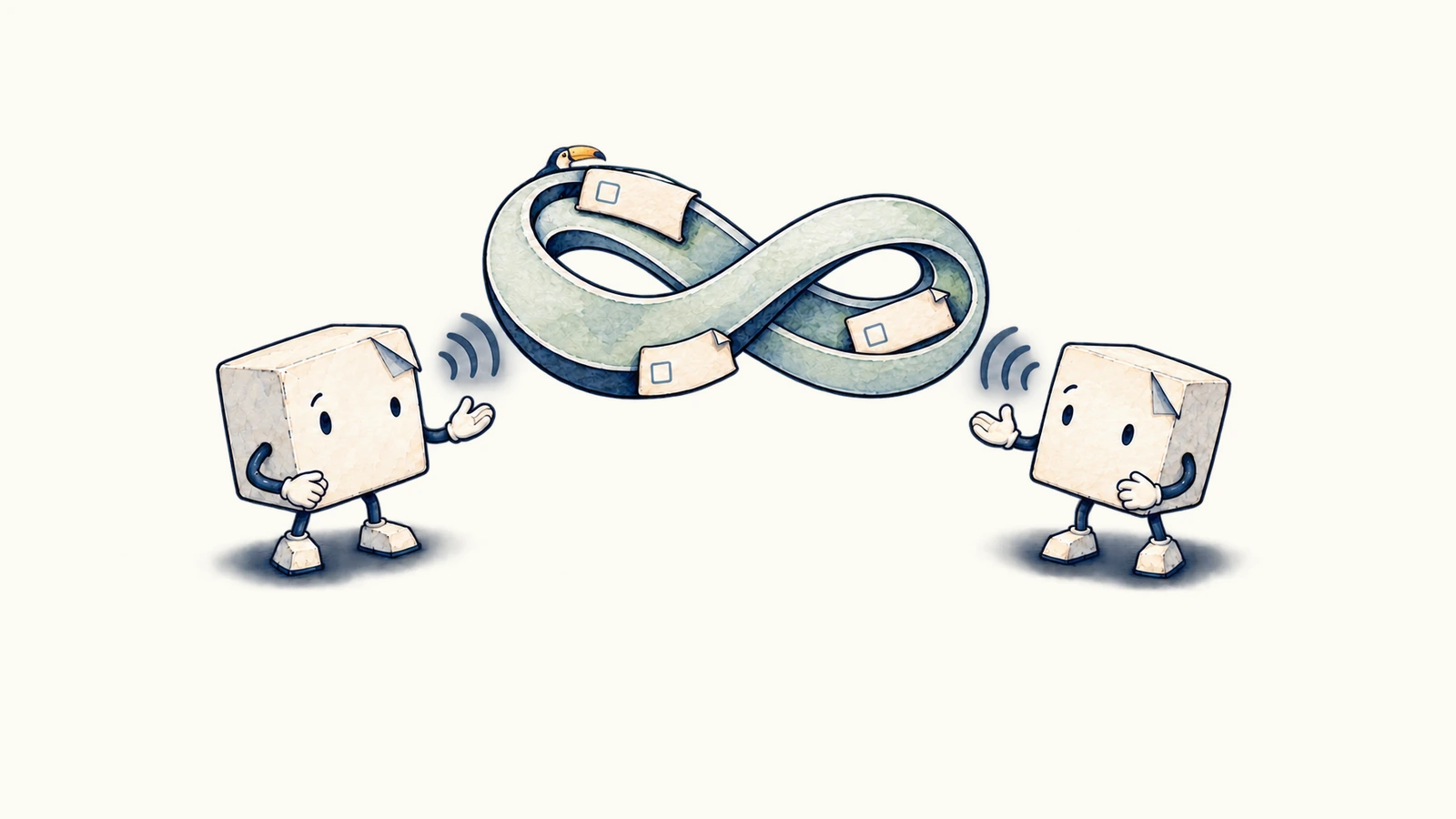 Two illustrated agents exchanging signals around an infinity-shaped queue of task cards.