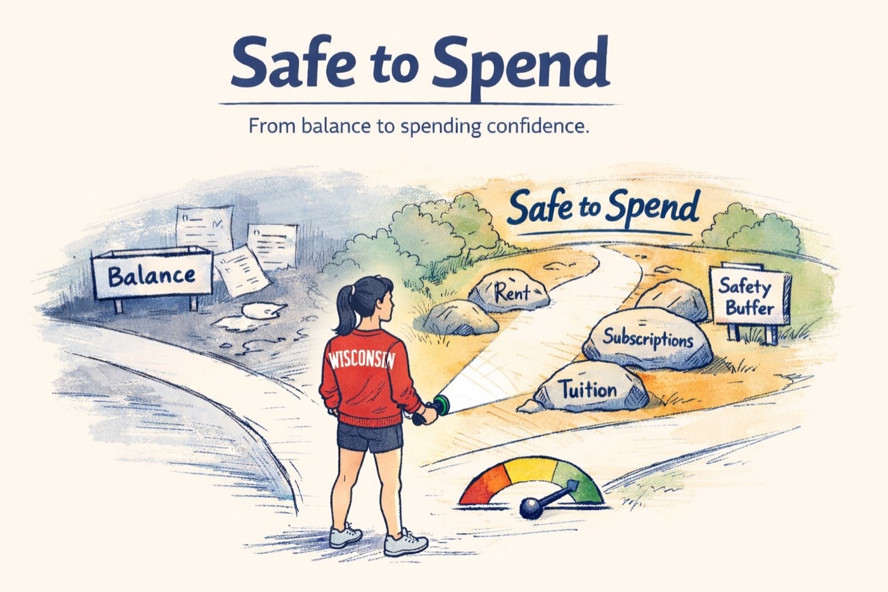 Student finance illustration showing a path from account balance to spending confidence.